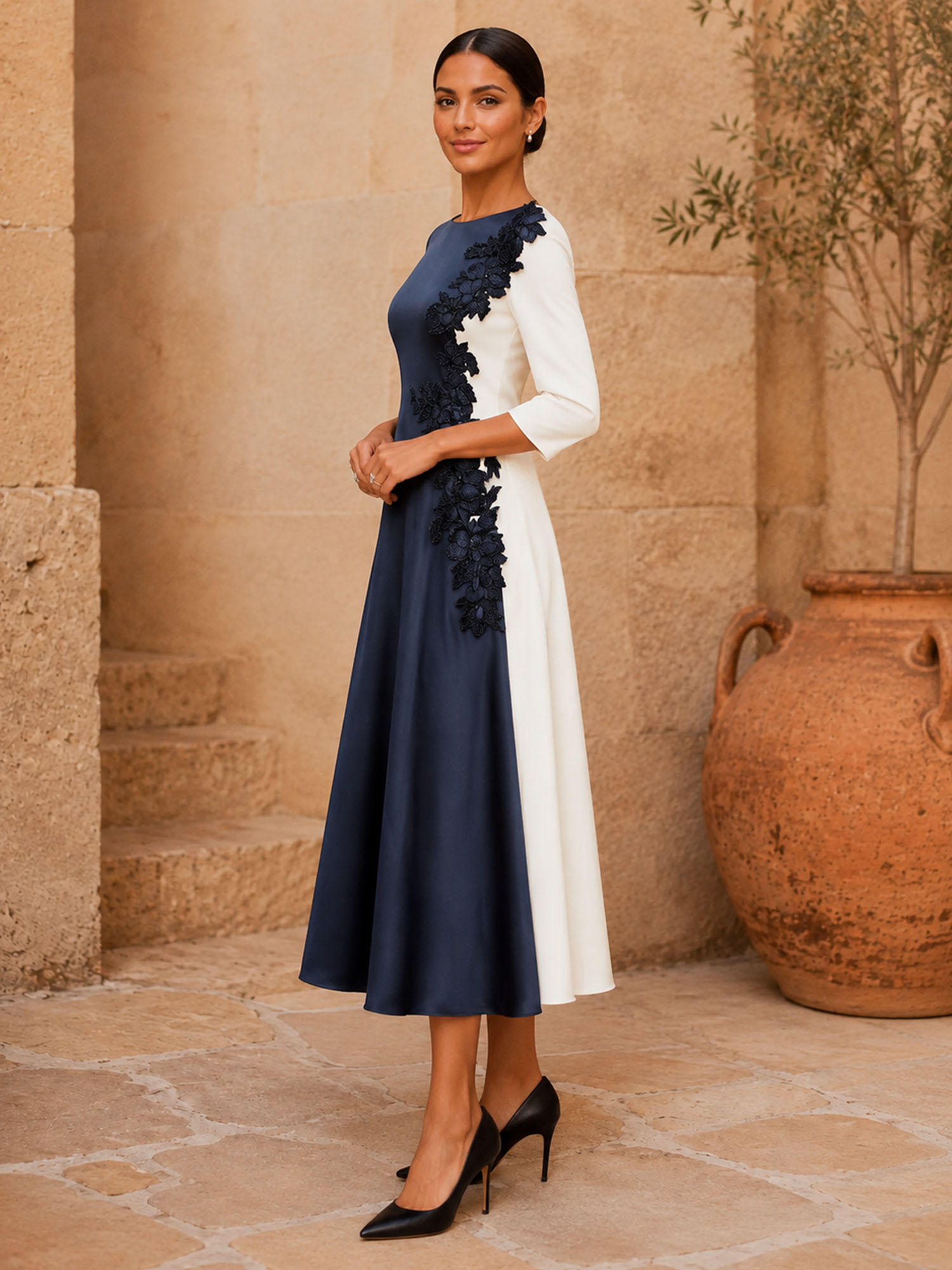 Color Block Three-Quarter Sleeve Floral Applique Midi Dress