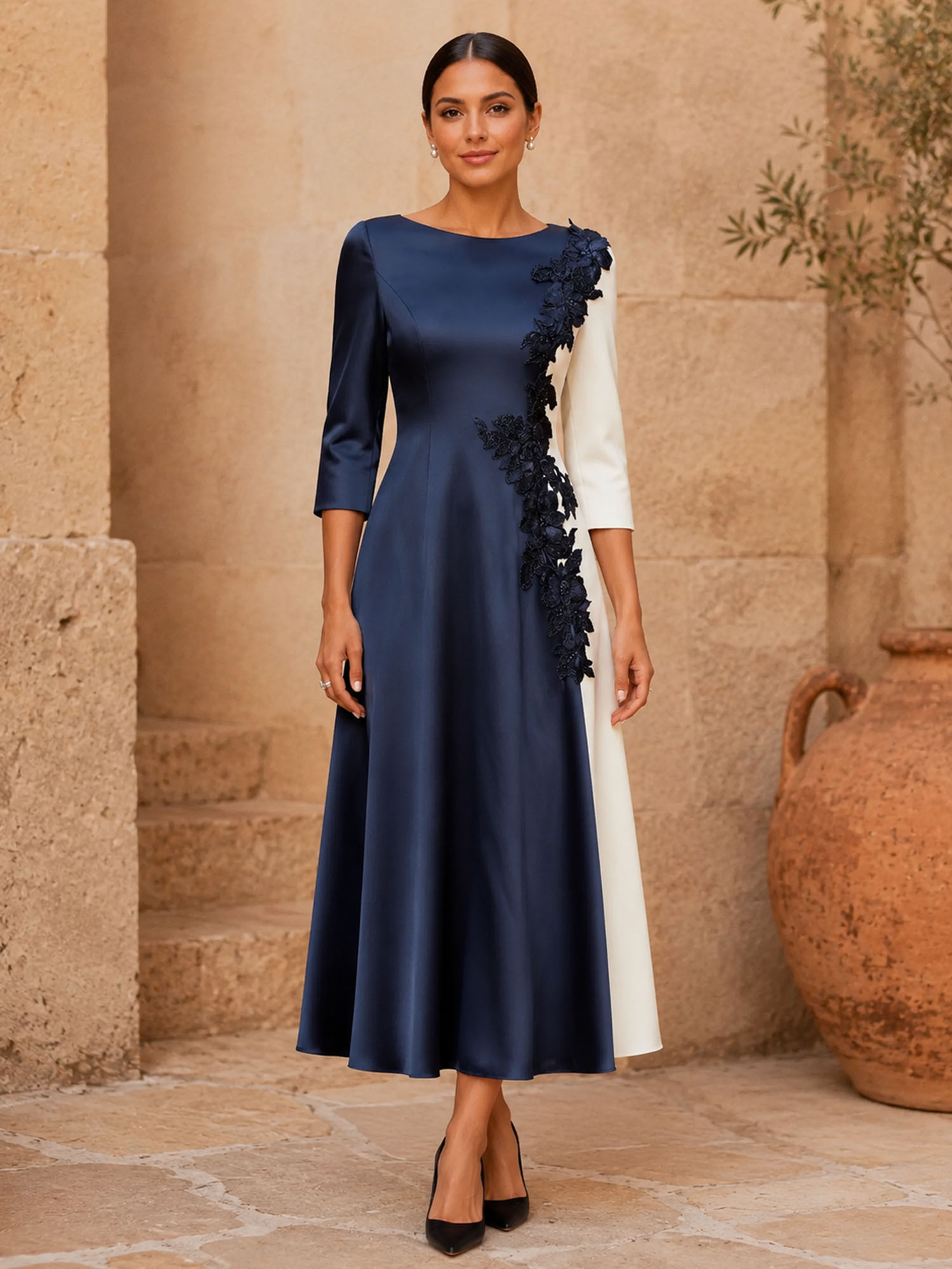 Color Block Three-Quarter Sleeve Floral Applique Midi Dress