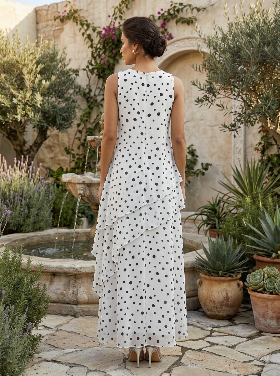 Polka Dot Tiered Chiffon Asymmetric Evening Gown