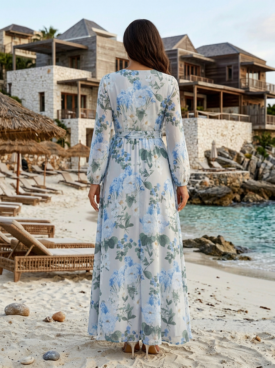 V-Neck Blue Floral Chiffon Long Sleeve Gown