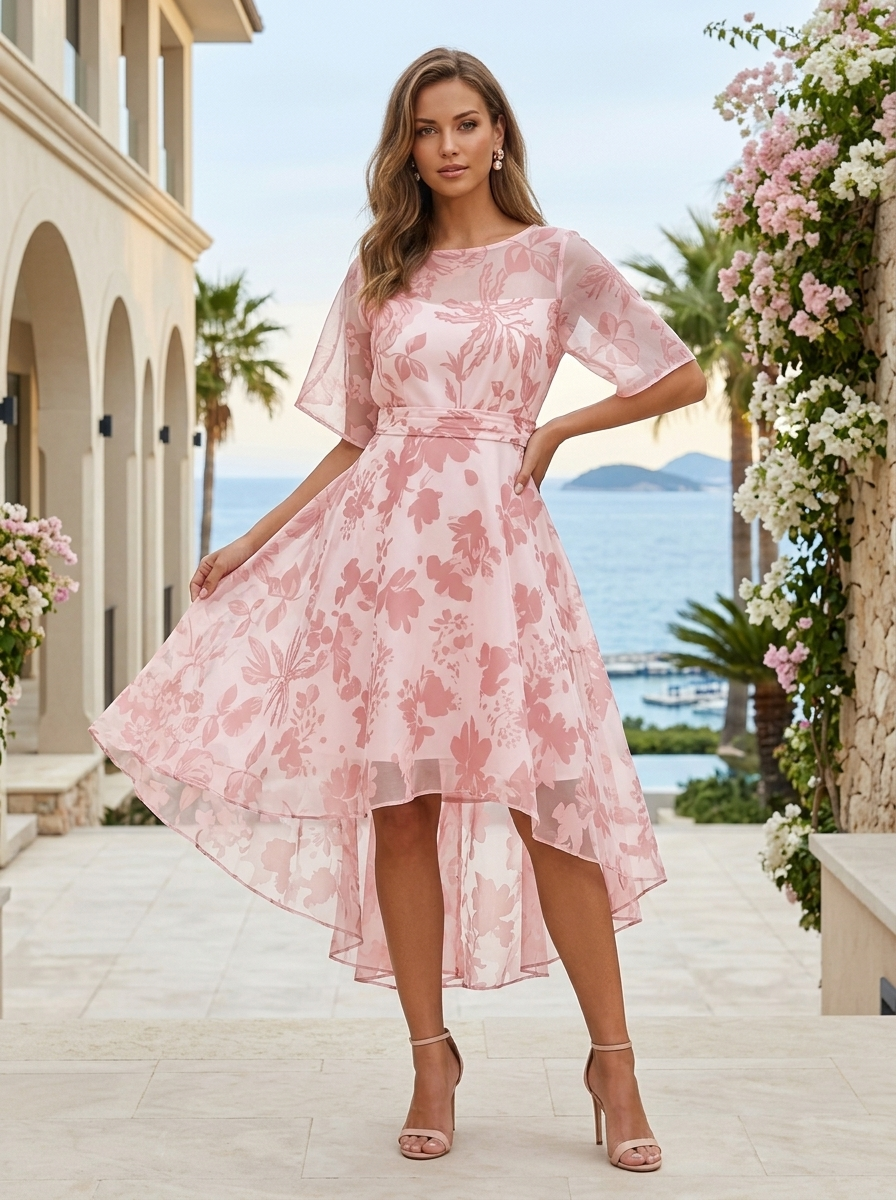 Round-Neck Pink Floral Chiffon High-Low Dress