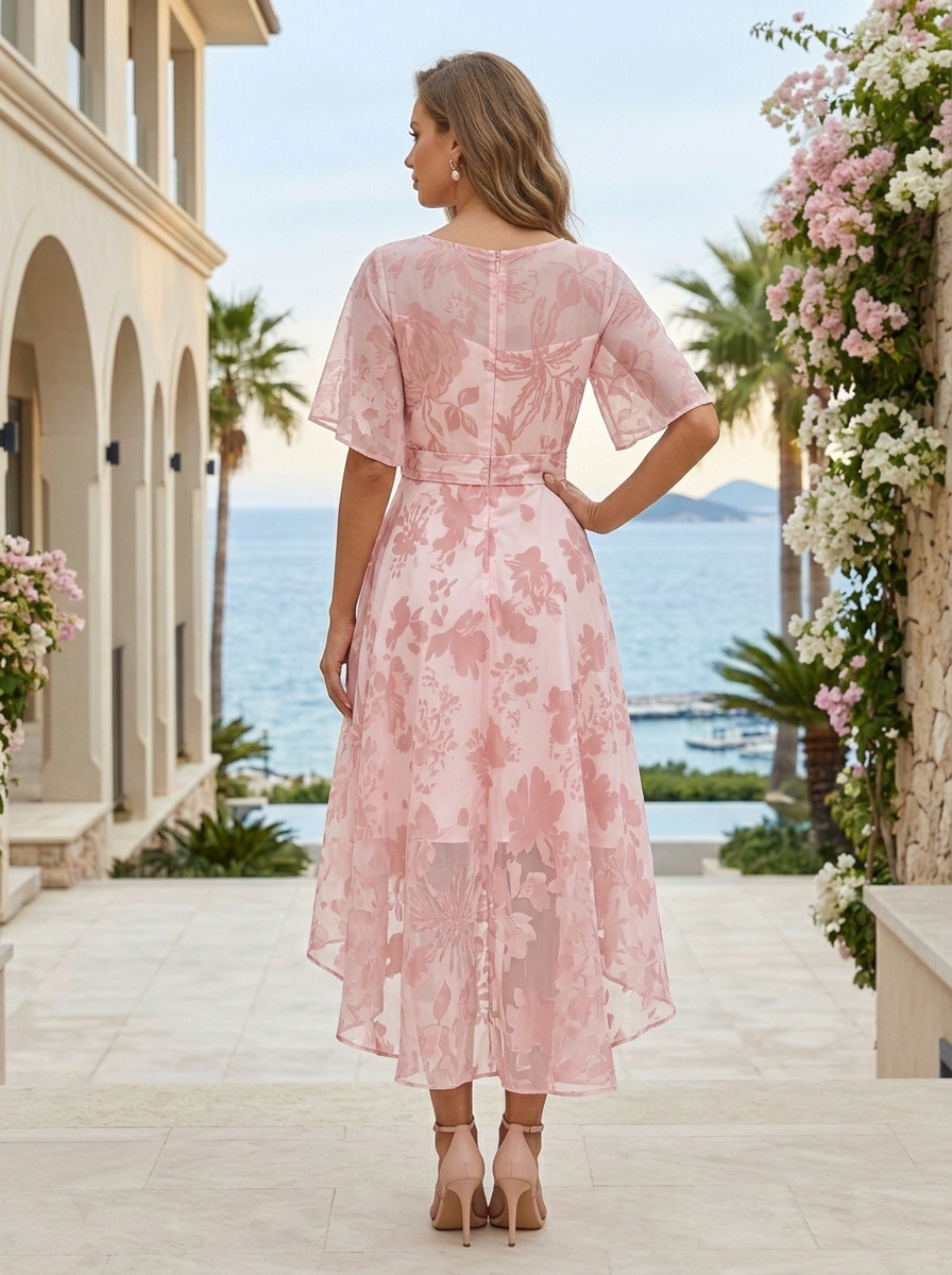 Round-Neck Pink Floral Chiffon High-Low Dress