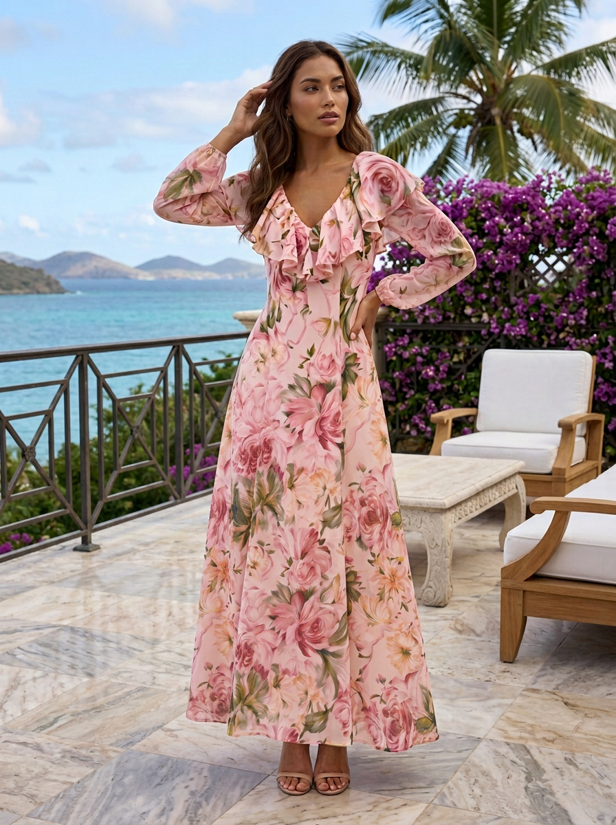 Ruffle V-Neck Pink Floral Chiffon Long Sleeve Dress