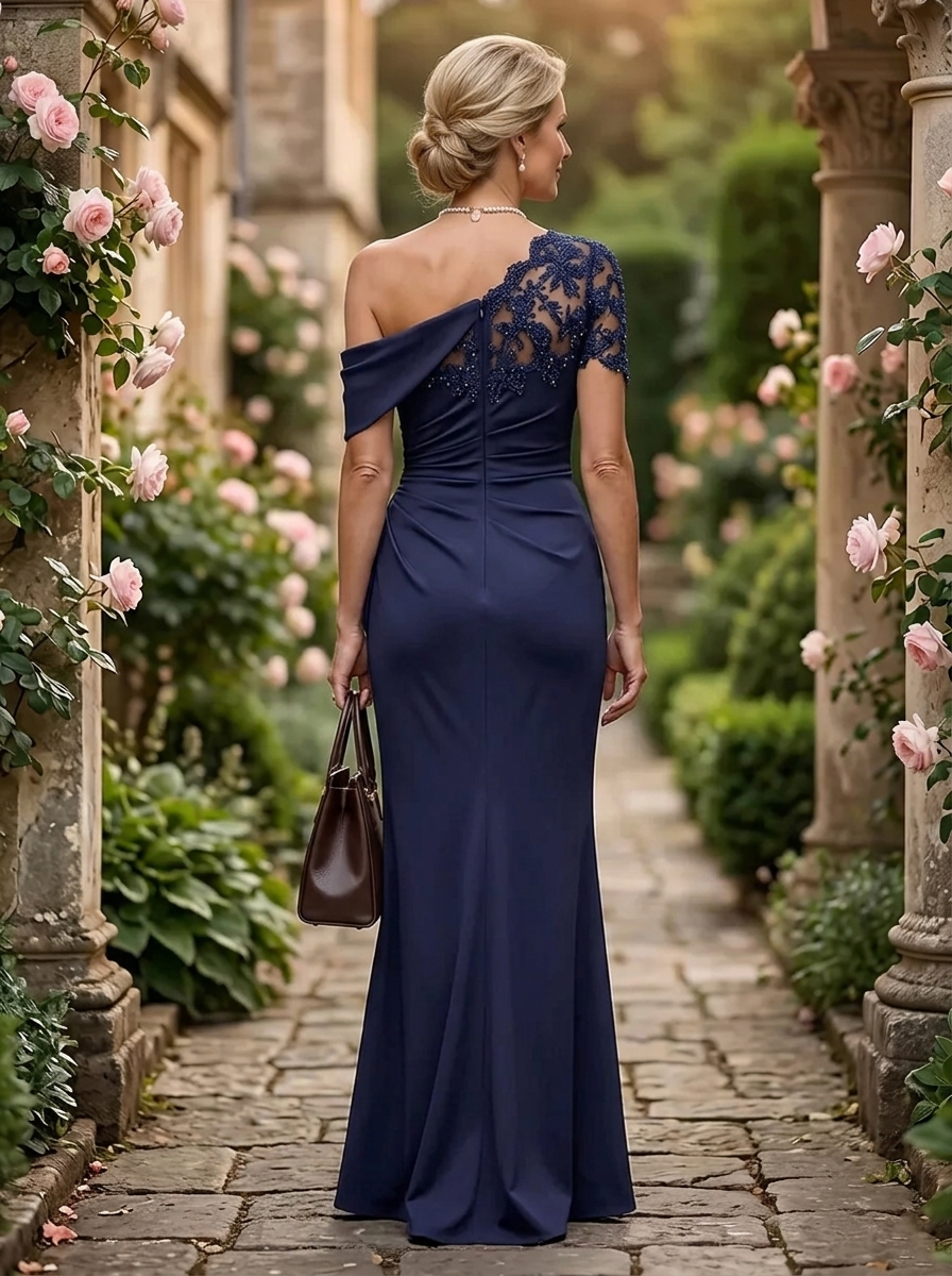 Mermaid One Shoulder Short Sleeves Long Mother of the Bride Dresses