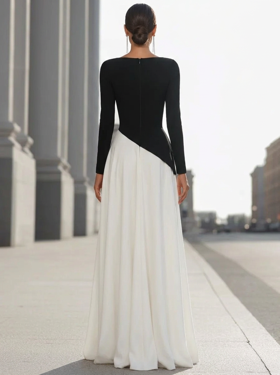 White Elegant Contrast Panel Evening Gown With Structured Bodice