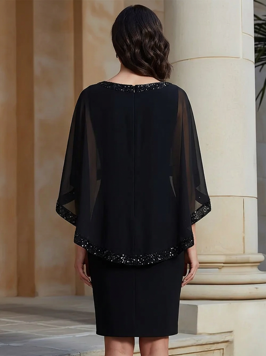 Black Tulle Shawl Beaded Chiffon Knee-length Dress