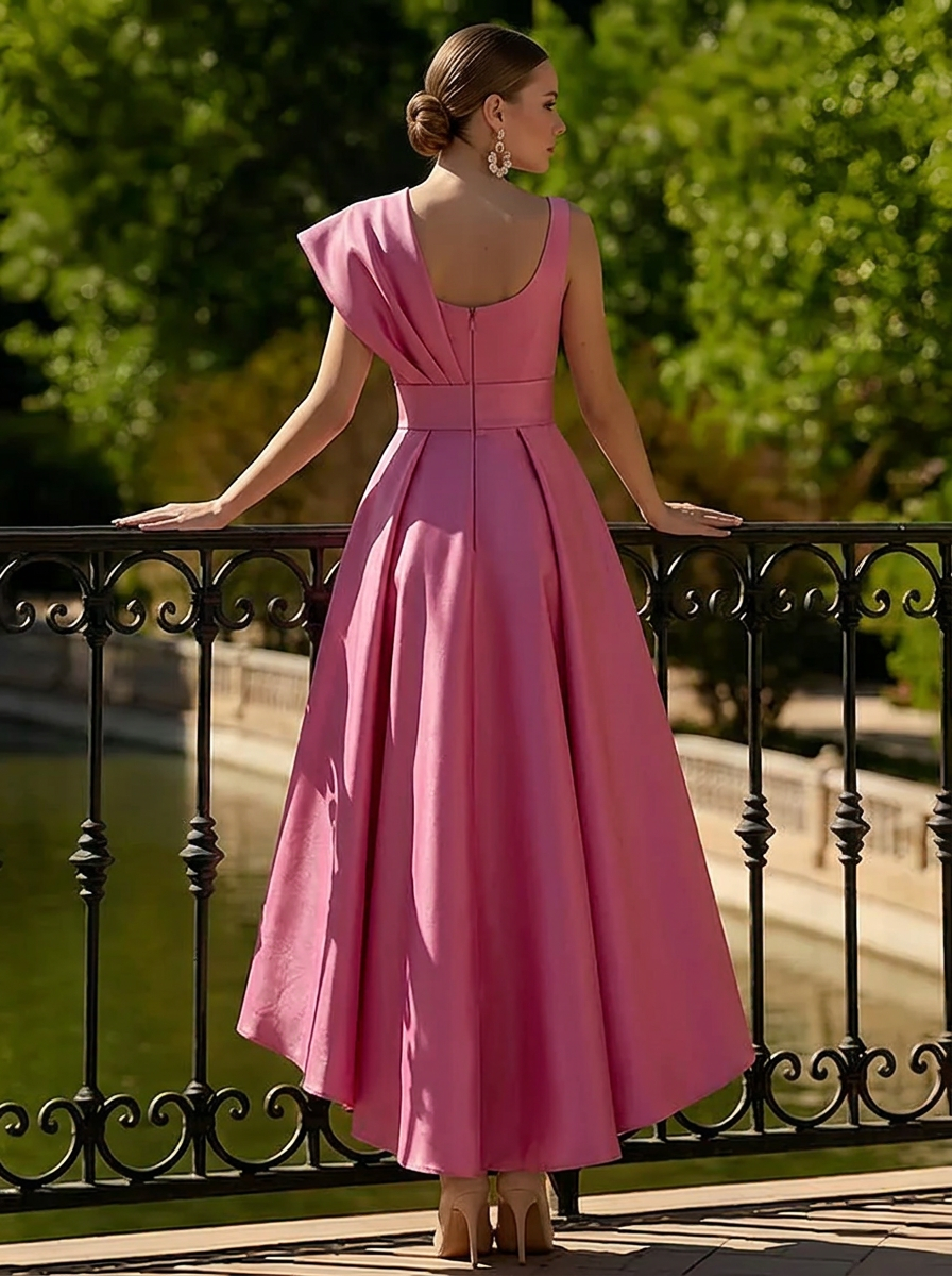 A-Line Cocktail Dresses Tea Length Elegant Two Piece V-Neck Dresses Garden Party Dress with Bow Pleats