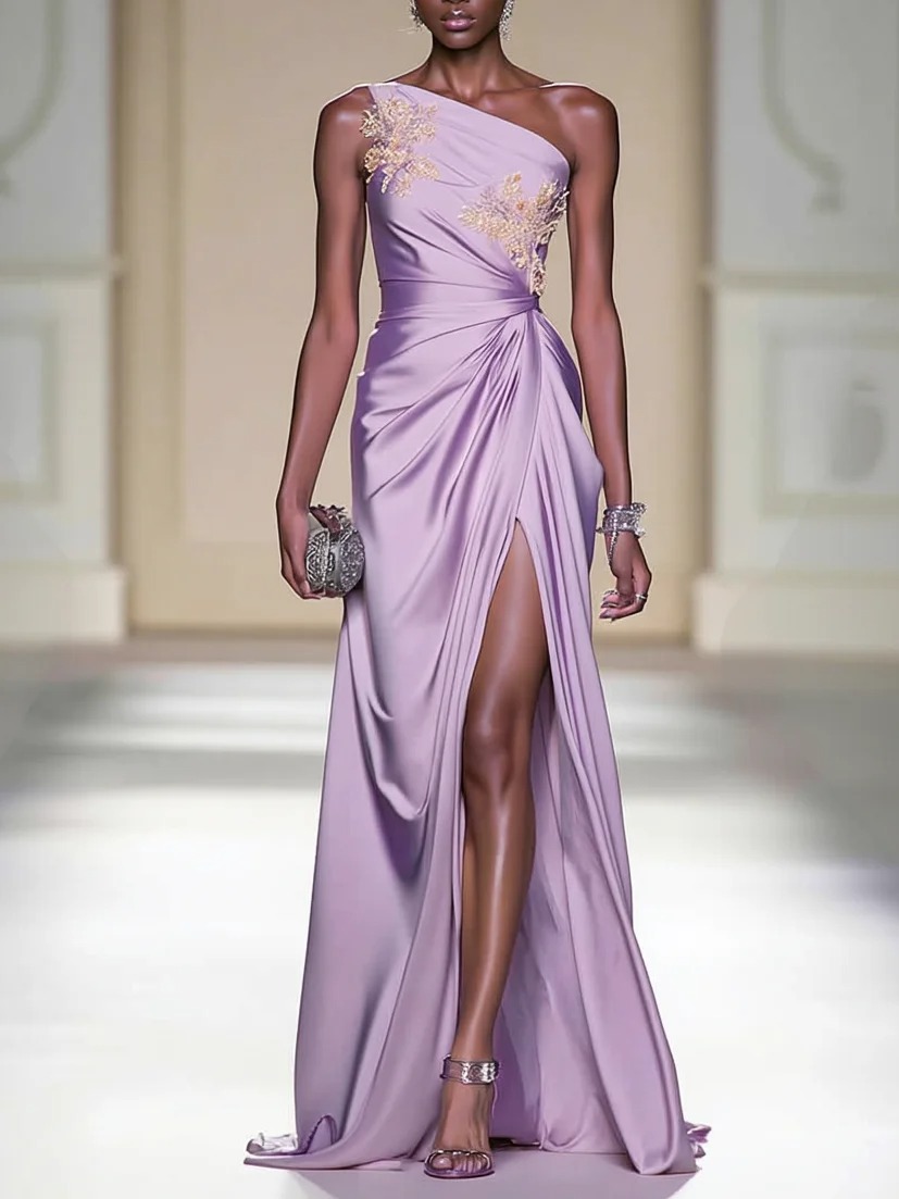Purple Applique Ruched Classic One Shoulder Sleeveless A-Line Gown Dress