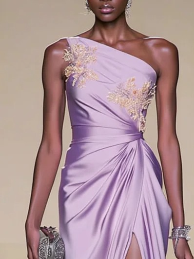 Purple Applique Ruched Classic One Shoulder Sleeveless A-Line Gown Dress