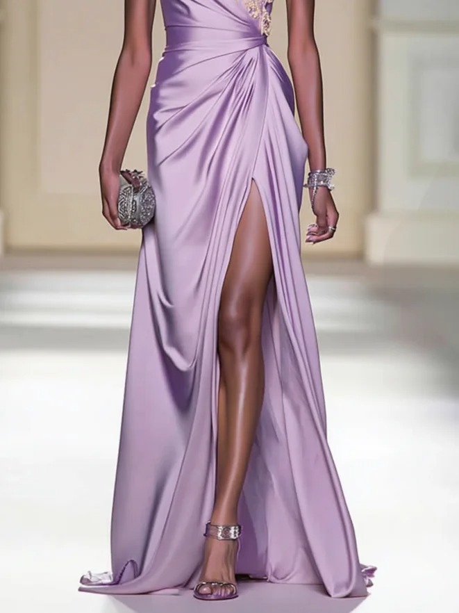 Purple Applique Ruched Classic One Shoulder Sleeveless A-Line Gown Dress