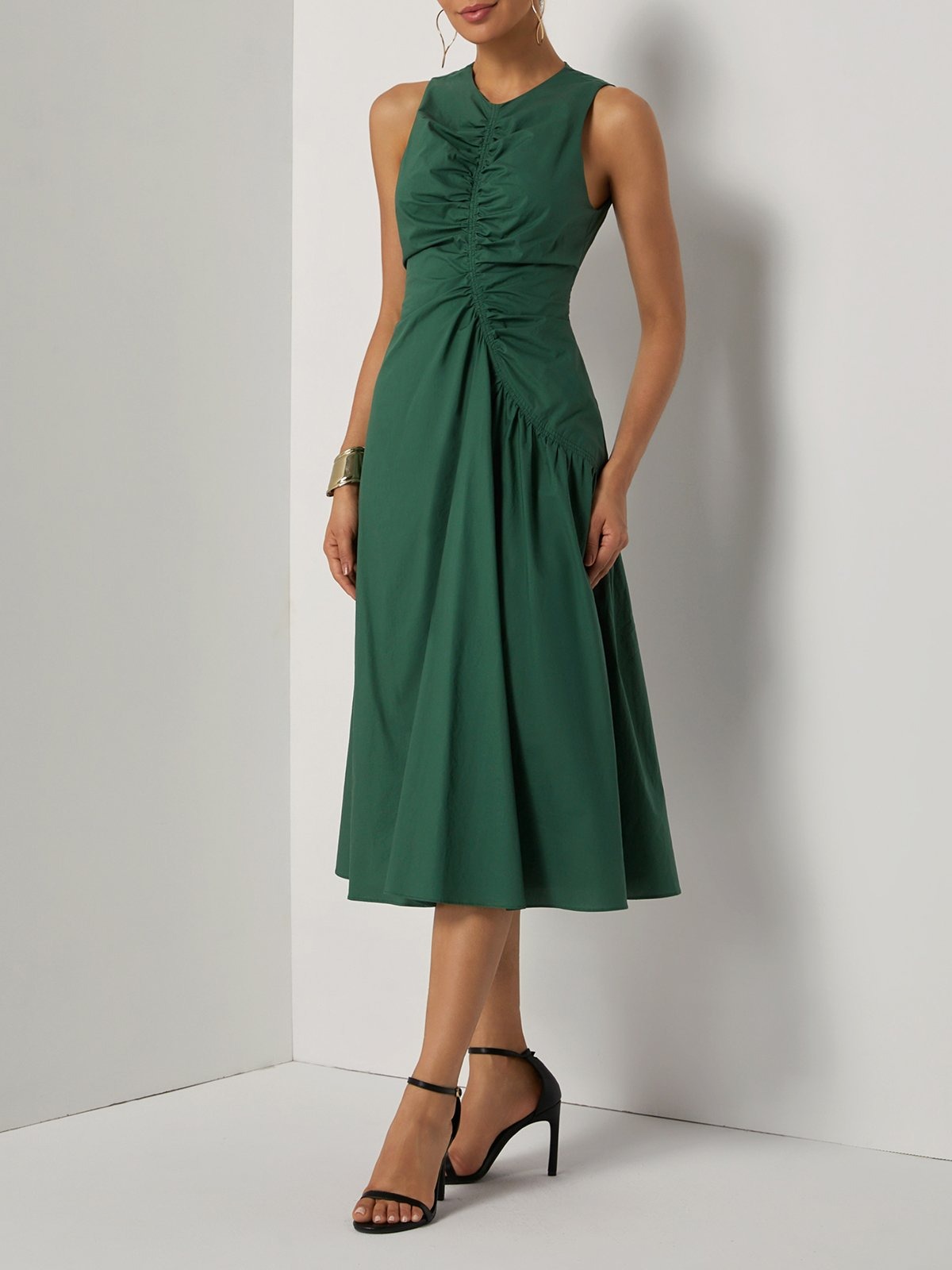 Green Shirred Cotton Crew Neck Sleeveless A-Line Midi Dress