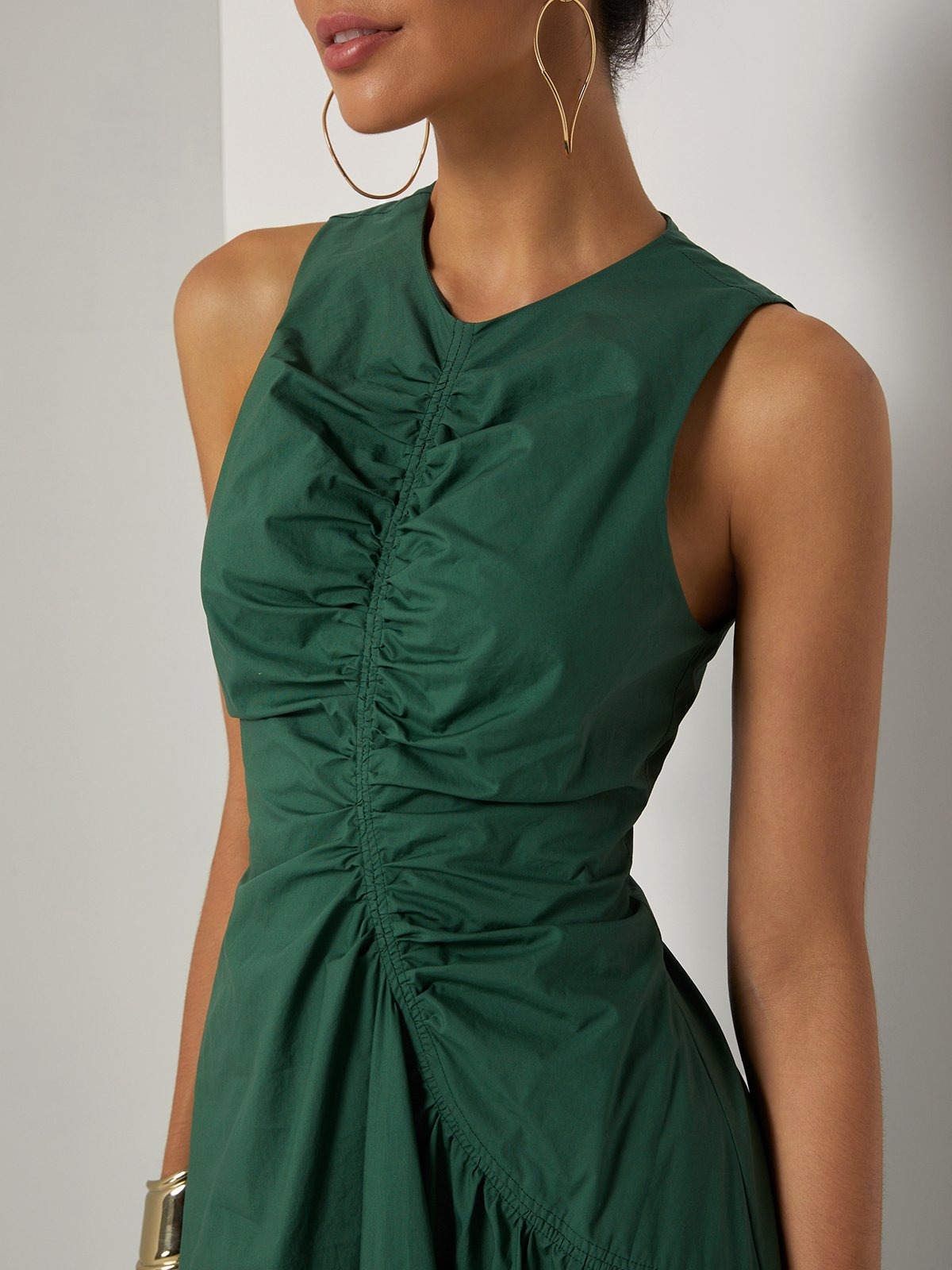 Green Shirred Cotton Crew Neck Sleeveless A-Line Midi Dress