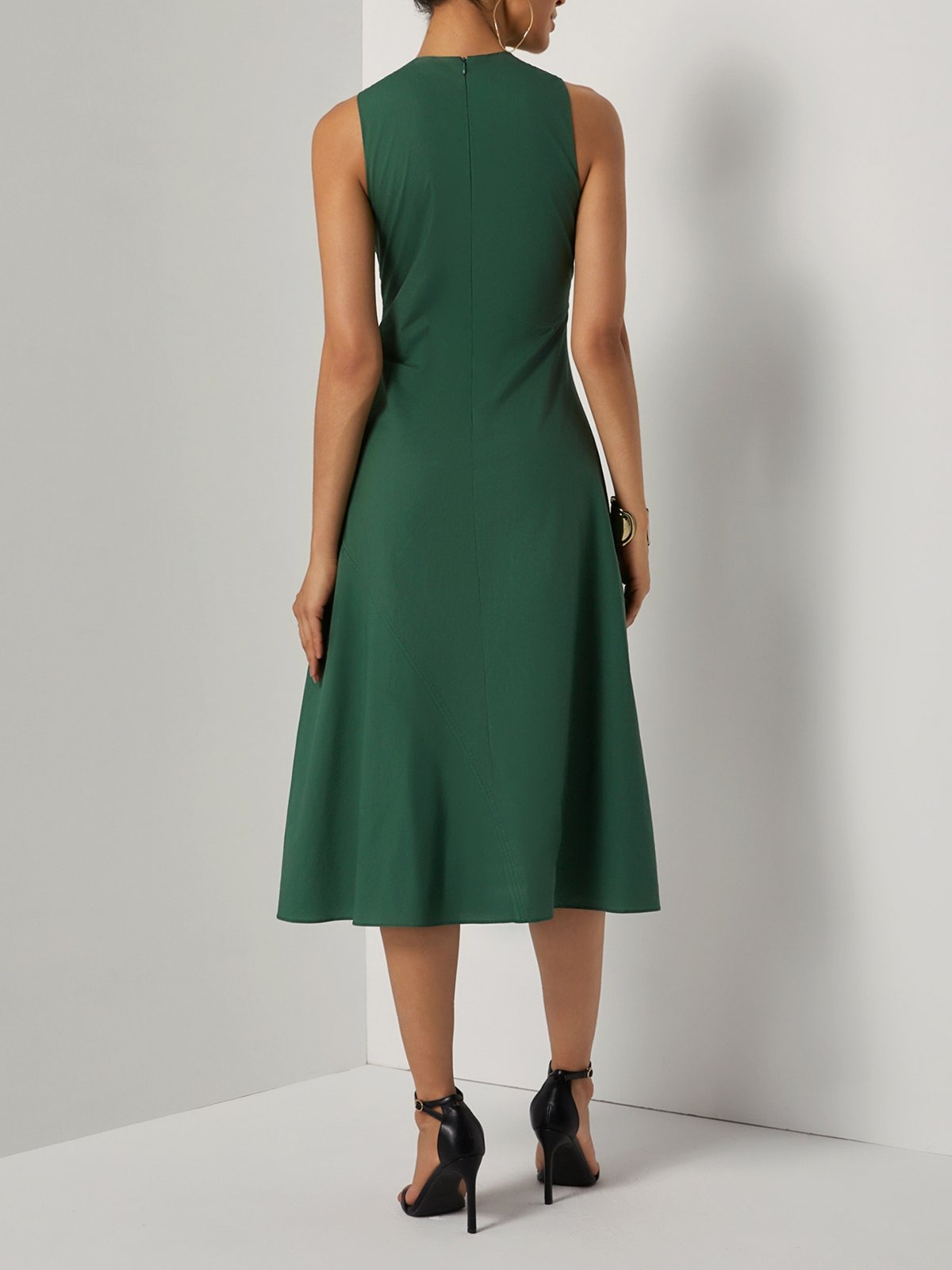 Green Shirred Cotton Crew Neck Sleeveless A-Line Midi Dress