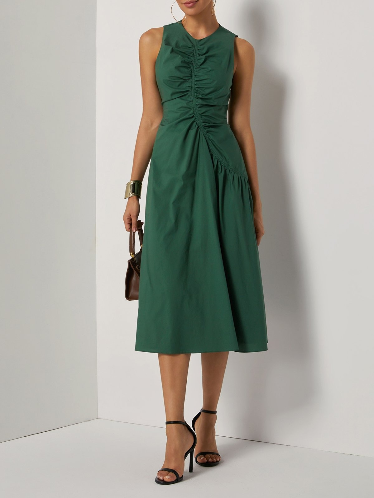 Green Shirred Cotton Crew Neck Sleeveless A-Line Midi Dress