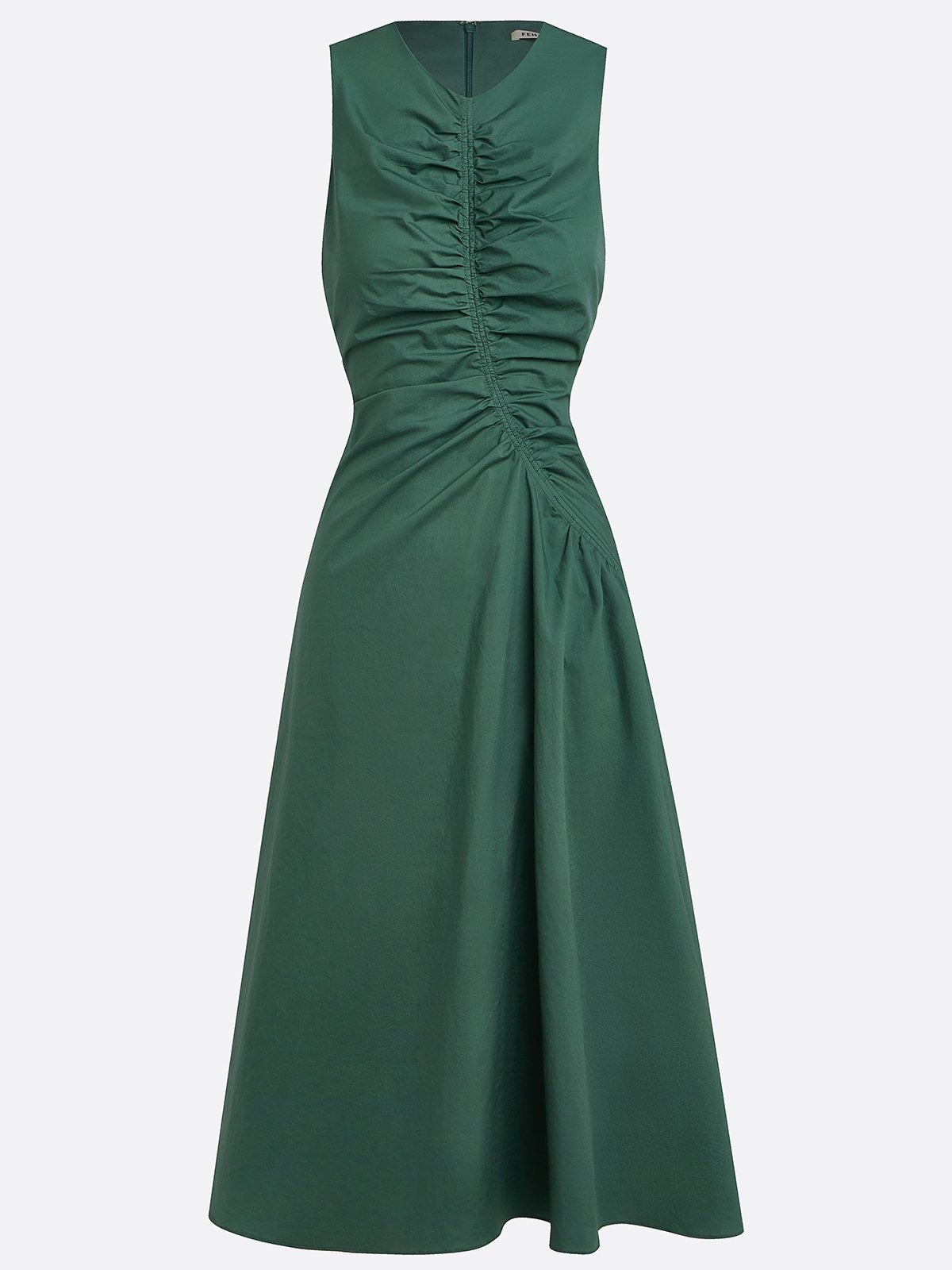 Green Shirred Cotton Crew Neck Sleeveless A-Line Midi Dress