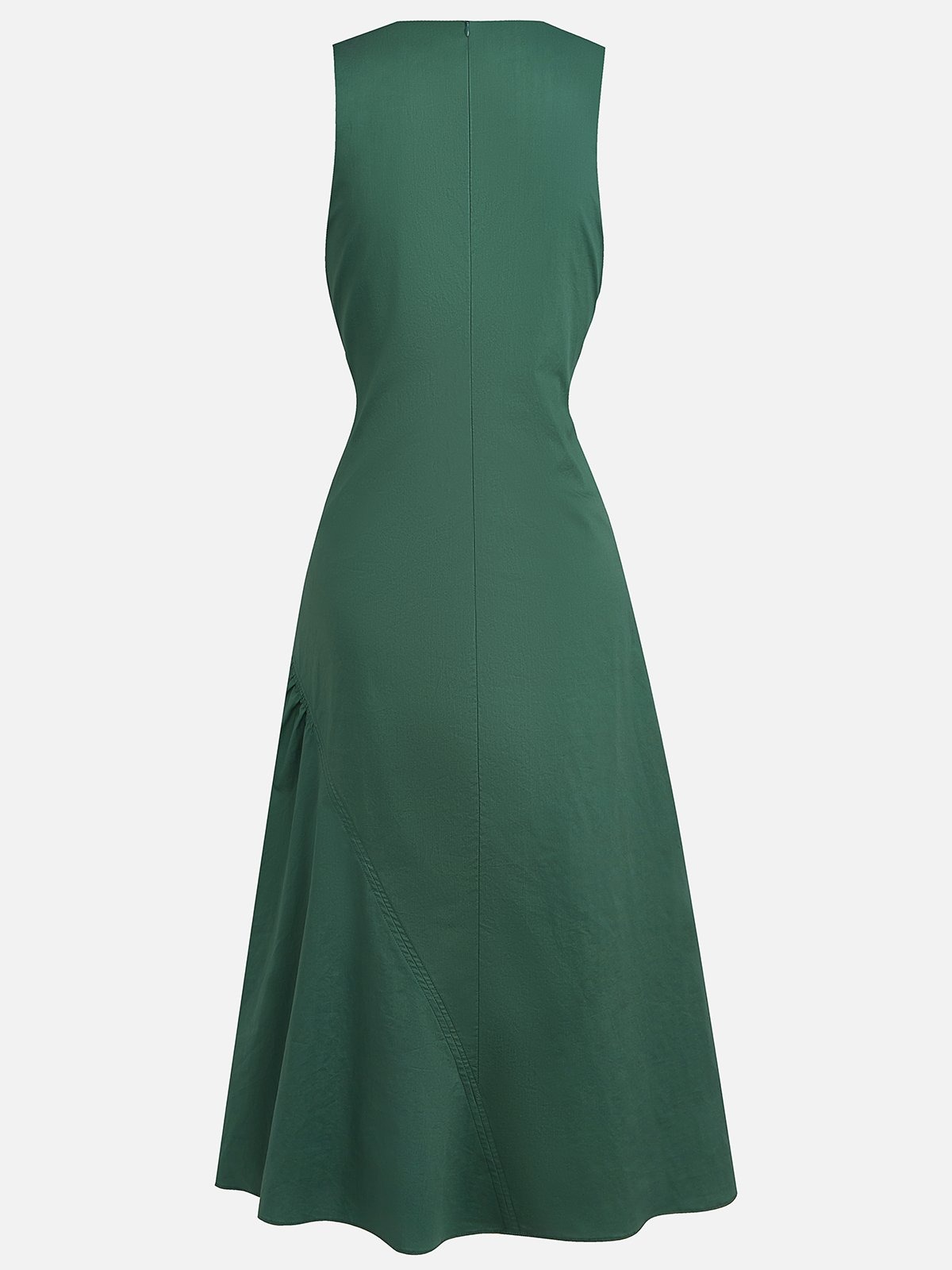 Green Shirred Cotton Crew Neck Sleeveless A-Line Midi Dress
