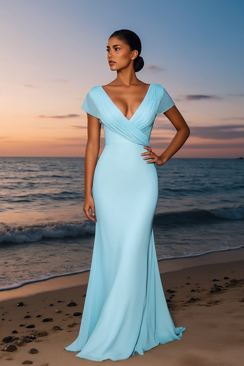 Formal Evening Dress Blue V Neck Maxi Dress