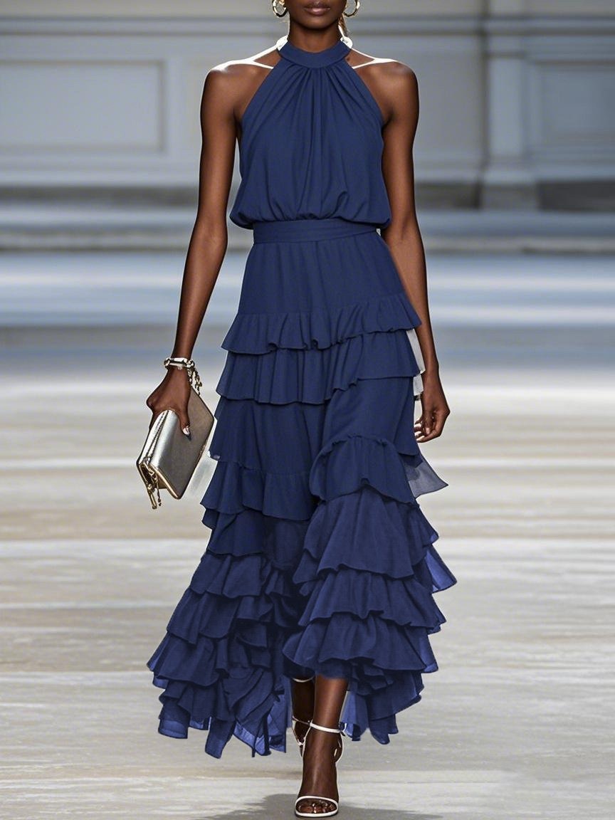 Purplish Blue Peplum Tiered Chiffon Halter Sleeveless A-Line Maxi Two-piece Dress