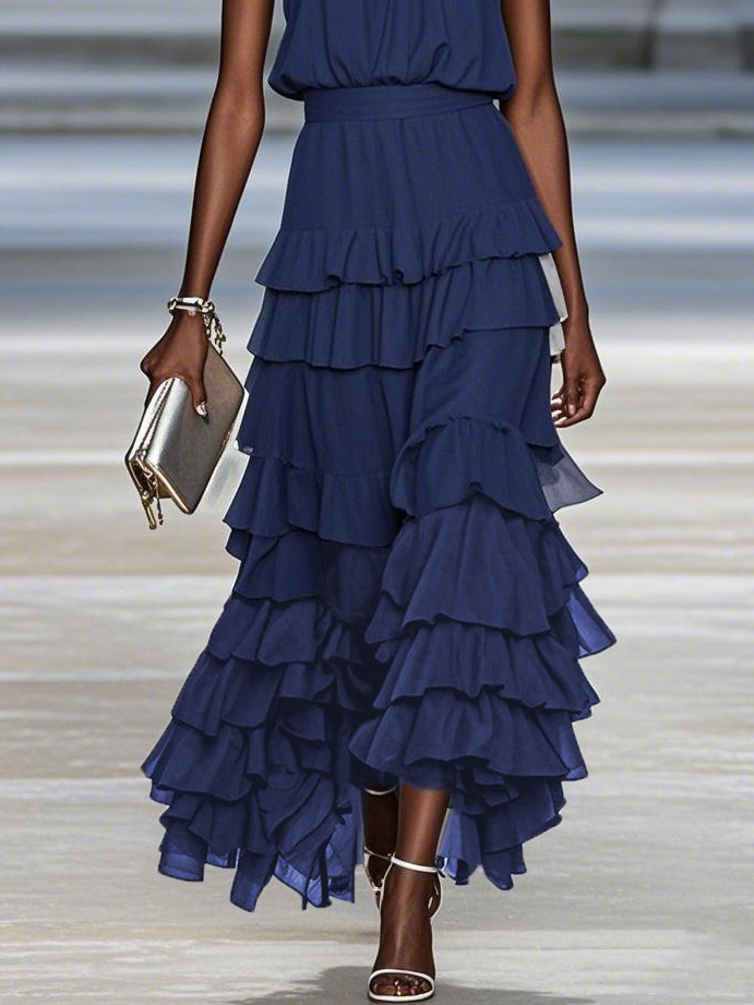 Purplish Blue Peplum Tiered Chiffon Halter Sleeveless A-Line Maxi Two-piece Dress