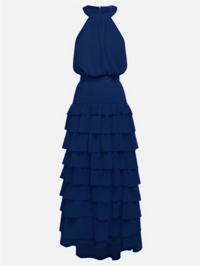 Purplish Blue Peplum Tiered Chiffon Halter Sleeveless A-Line Maxi Two-piece Dress