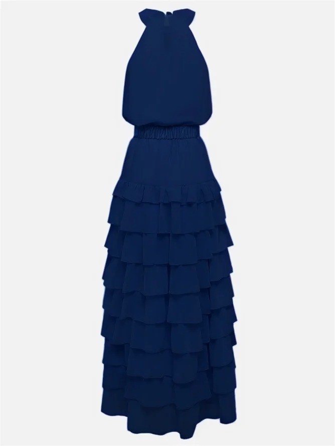 Purplish Blue Peplum Tiered Chiffon Halter Sleeveless A-Line Maxi Two-piece Dress