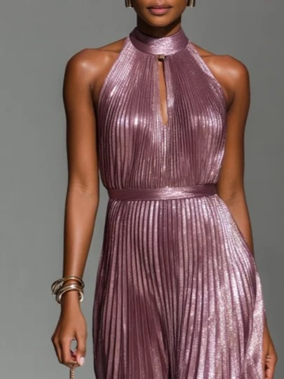 Rose Gold Pleated Cut Out Classic Halter Sleeveless A-Line Maxi Dress