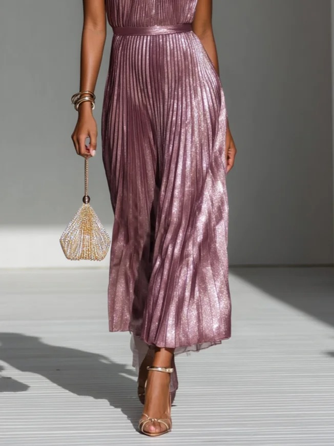 Rose Gold Pleated Cut Out Classic Halter Sleeveless A-Line Maxi Dress