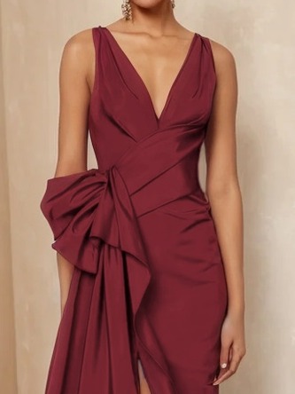 Blue Bow Asymmetric Satin V Neck Sleeveless A-Line Maxi Dress