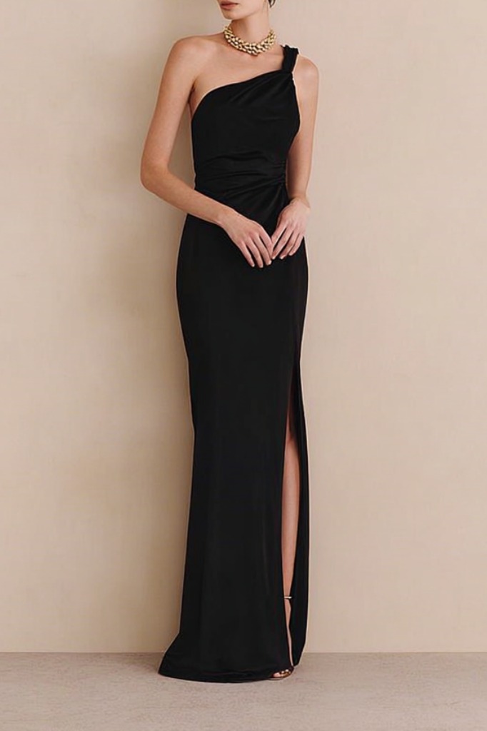 Formal Evening Dress Black One Shoulder Slit Maxi Dress