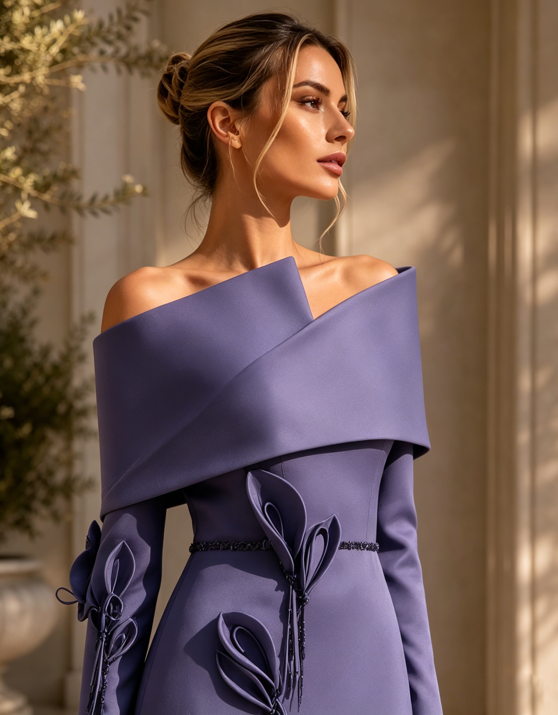 Sculptural Off-the-Shoulder Evening Gown with Botanical Accents