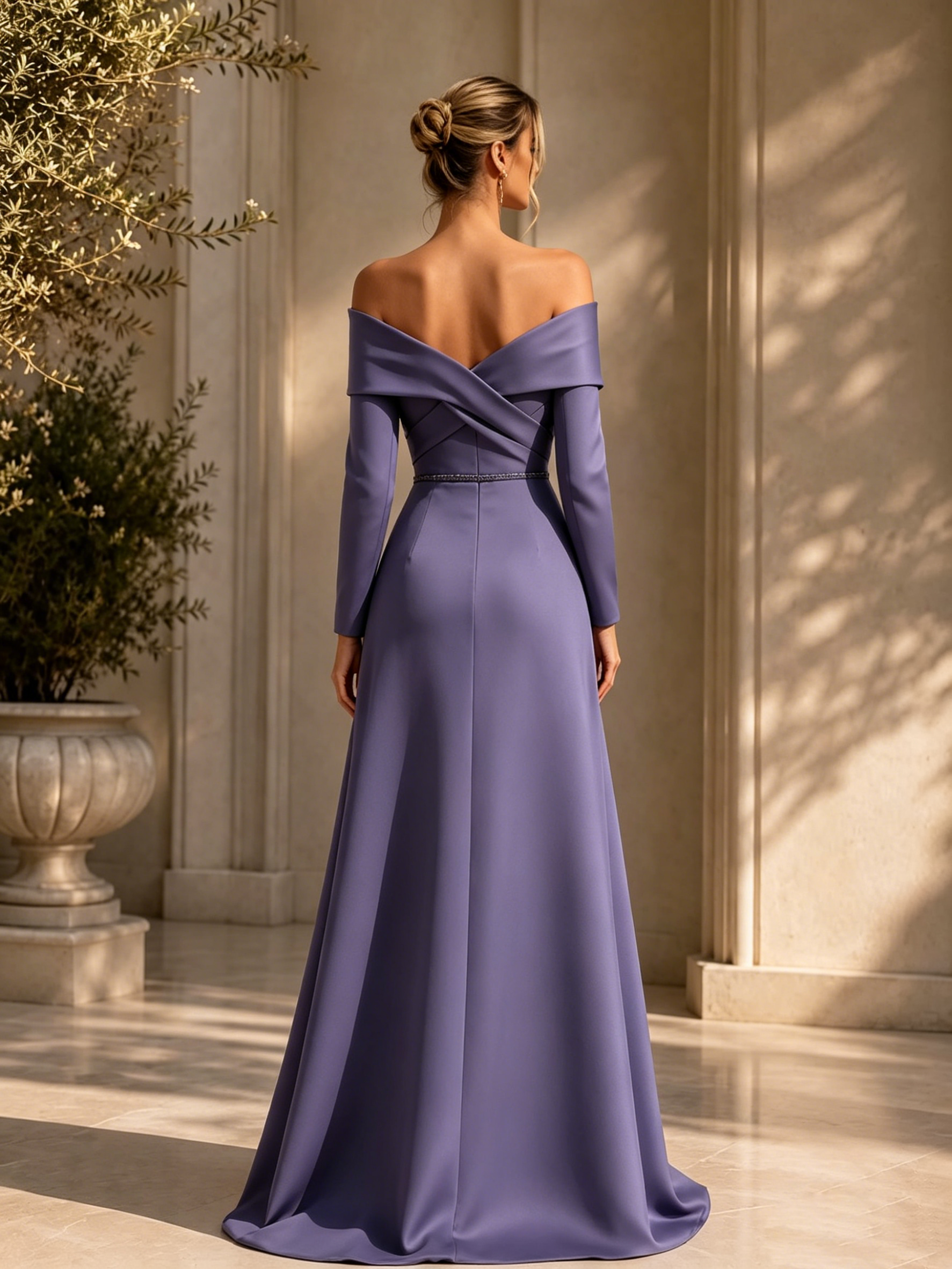 Sculptural Off-the-Shoulder Evening Gown with Botanical Accents