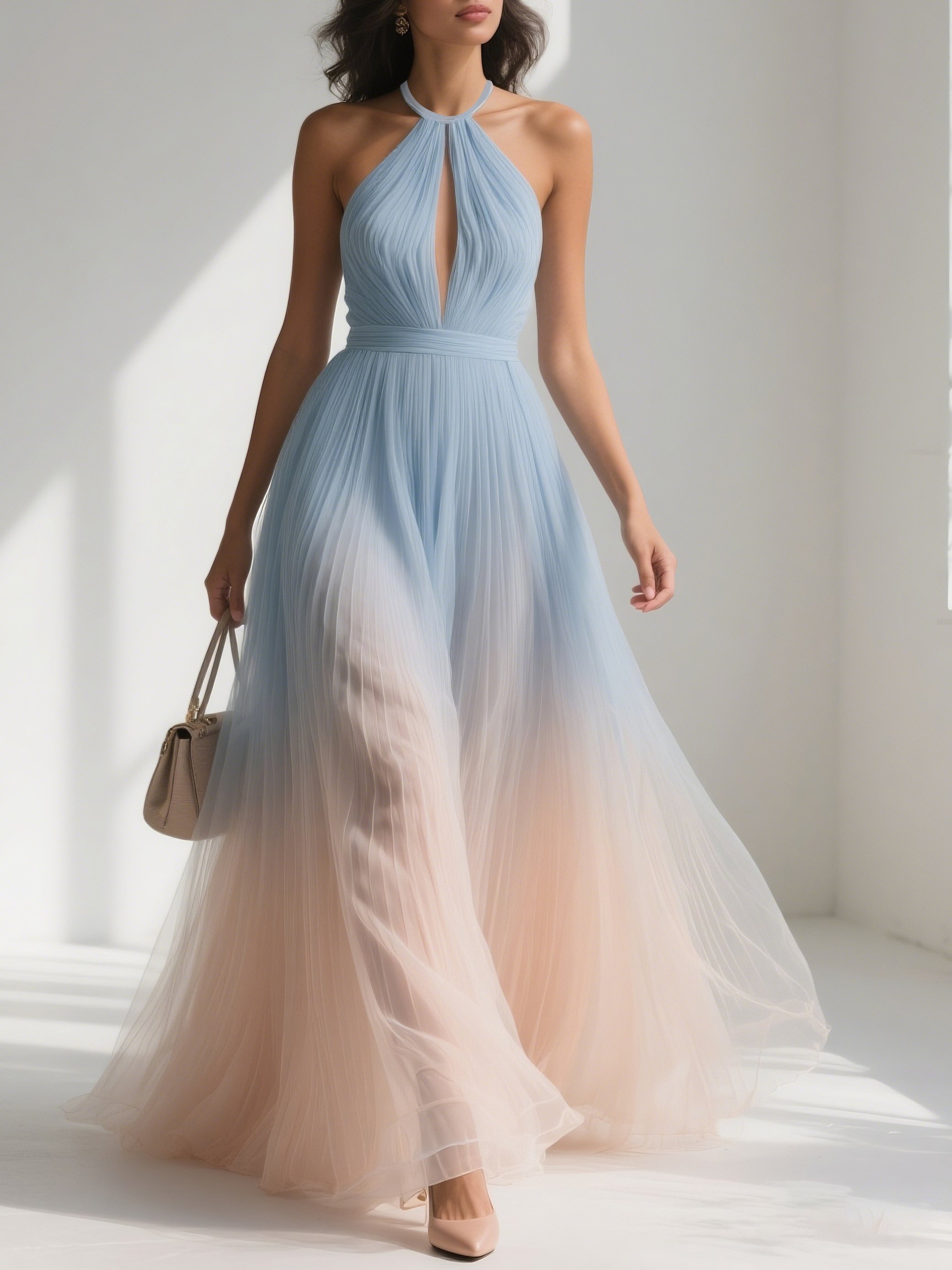 Light Blue Pleated Chiffon Halter Sleeveless A-Line Maxi Dress