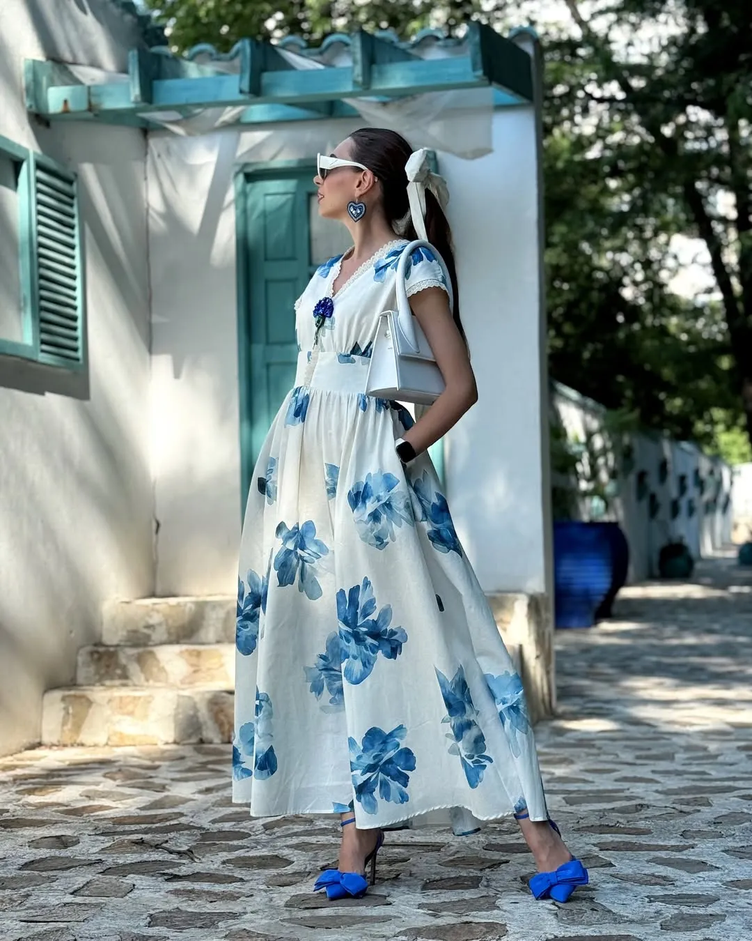 (SIZE:XS-XXL)Linen Maxi Dress, Sleeveless, V neck, Floral, Vintage, Light Blue