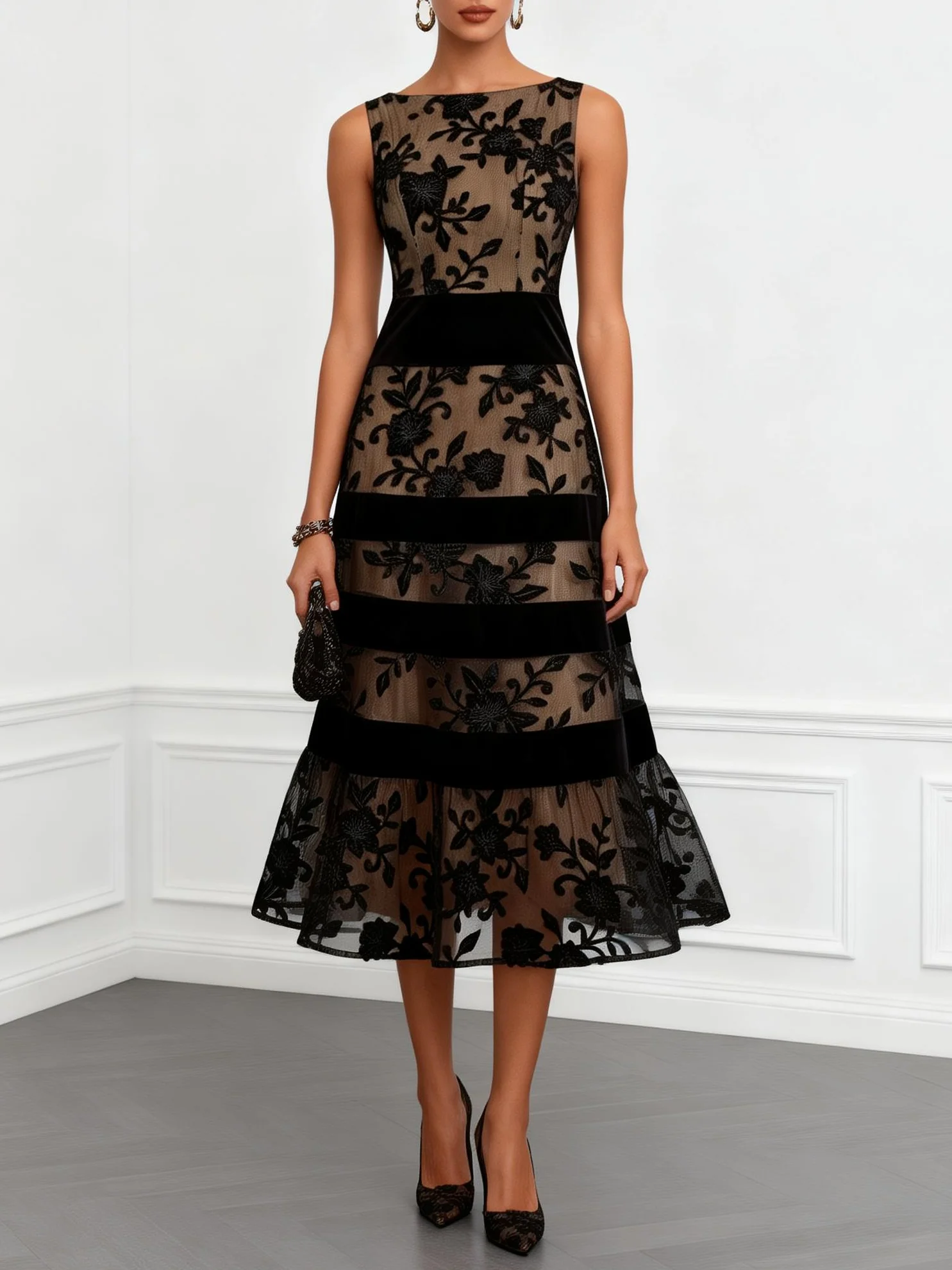 Black Mesh Lace Jacquard Boat Neck Sleeveless A-Line Midi Dress