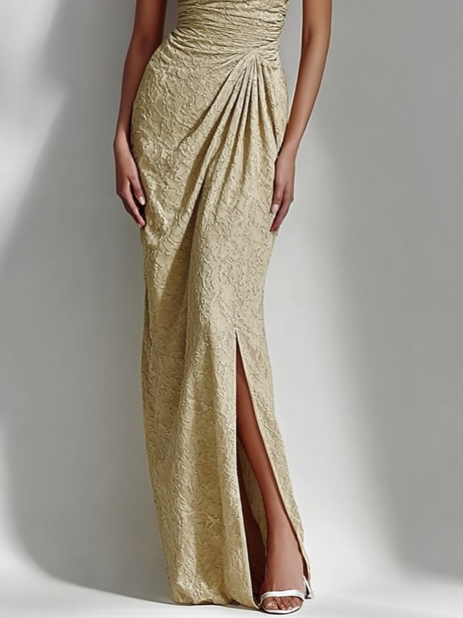 Champagne Side-Slit Classic Halter Sleeveless Sheath Maxi Dress