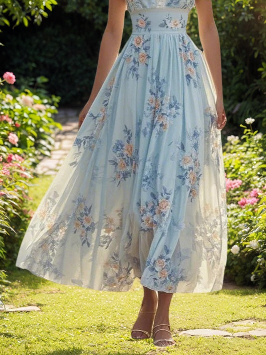 Light Blue Imitation Pearls Floral V Neck A-Line Maxi Chiffon Dress