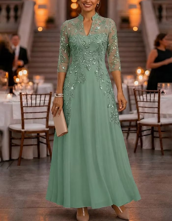 Stand Collar Half Sleeve Beaded Chiffon Evening Gown