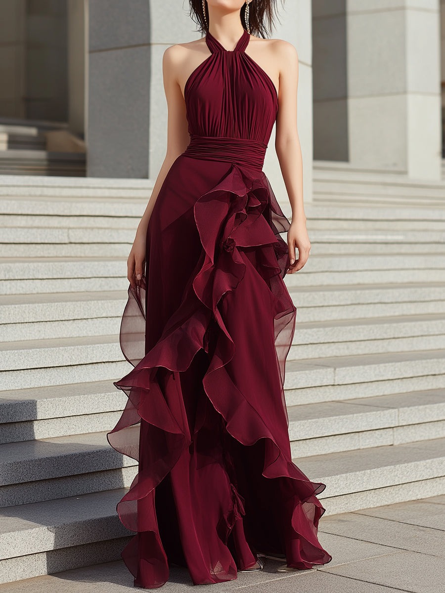 Burgundy Elegant Halter Neck Evening Gown With Draped Design
