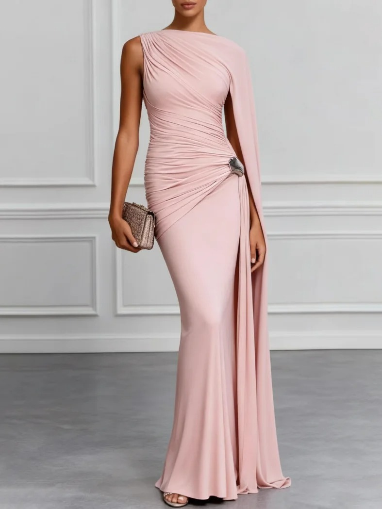 Light Pink Ruched Knit Boat Neck Sleeveless Mermaid Gown Dress