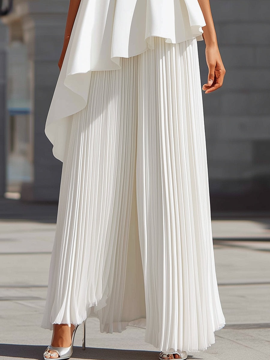 White Sculpted Asymmetric Peplum & Pleated Maxi Gown In White