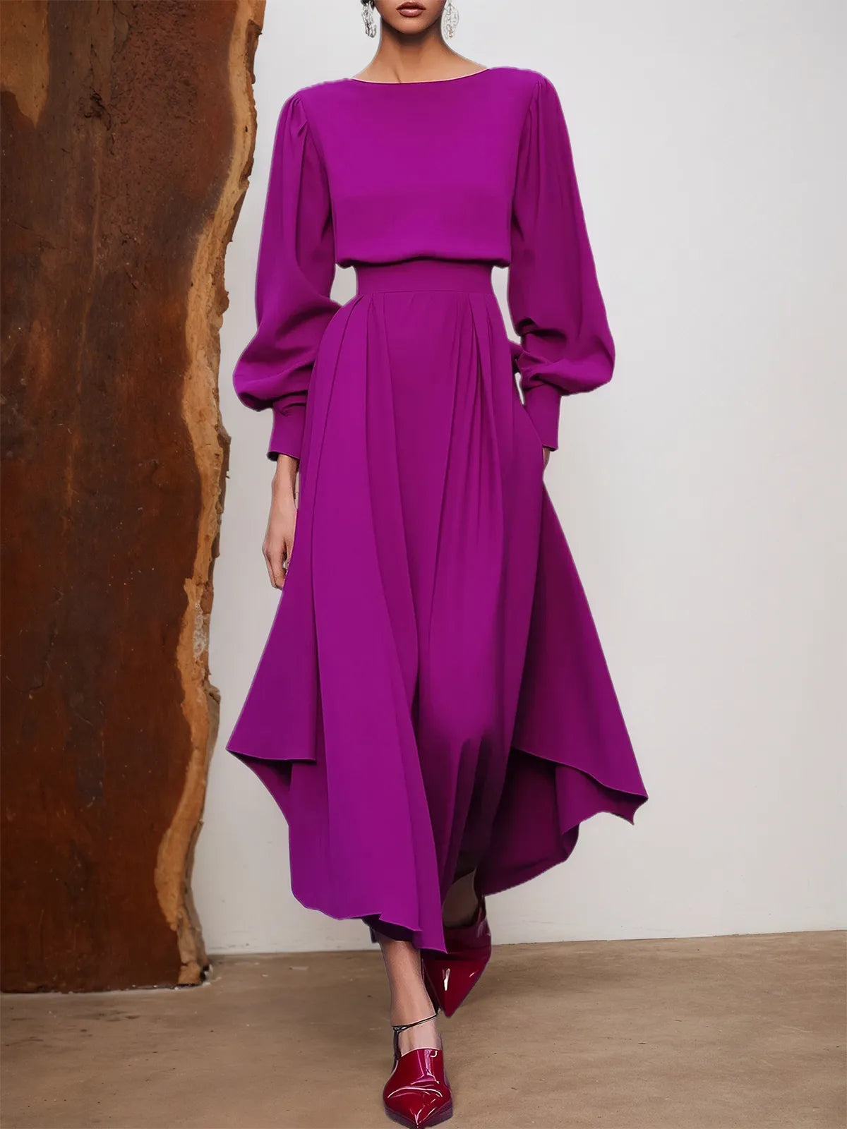 Rose Red Asymmetric Boat Neck Long Balloon Sleeve A-Line Midi Dress