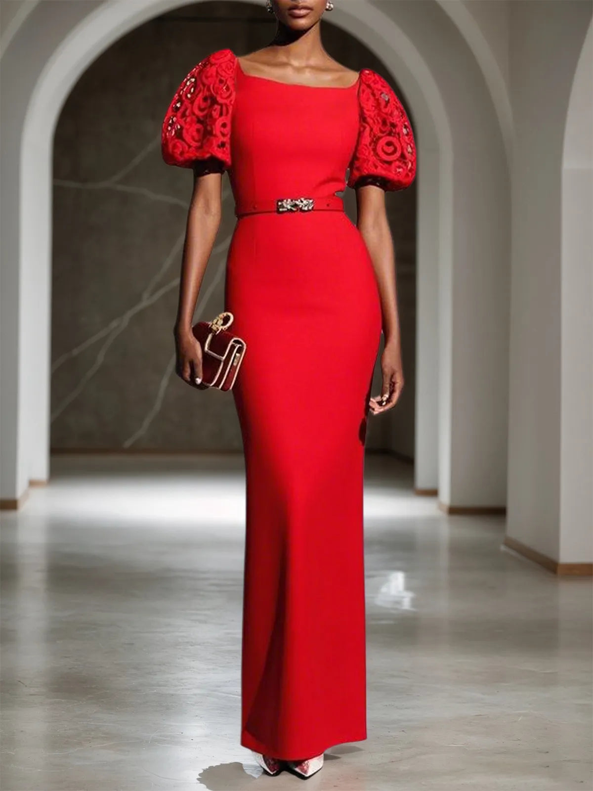 Red Lace Classic Boat Neck Short Sleeve Balloon Sleeve Sheath Maxi Dress