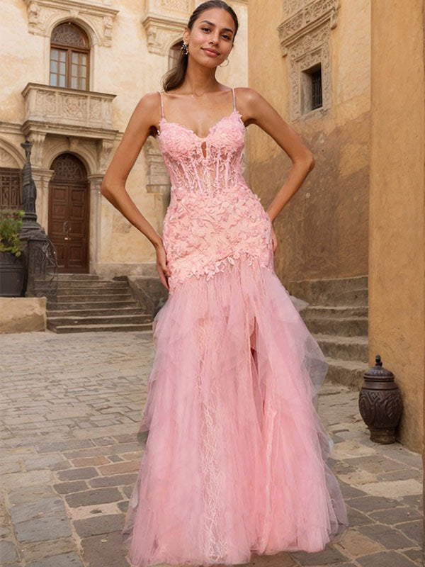 Pink Sheath V-Neck Corset Tiered Long Prom Dress With Beading Slit
