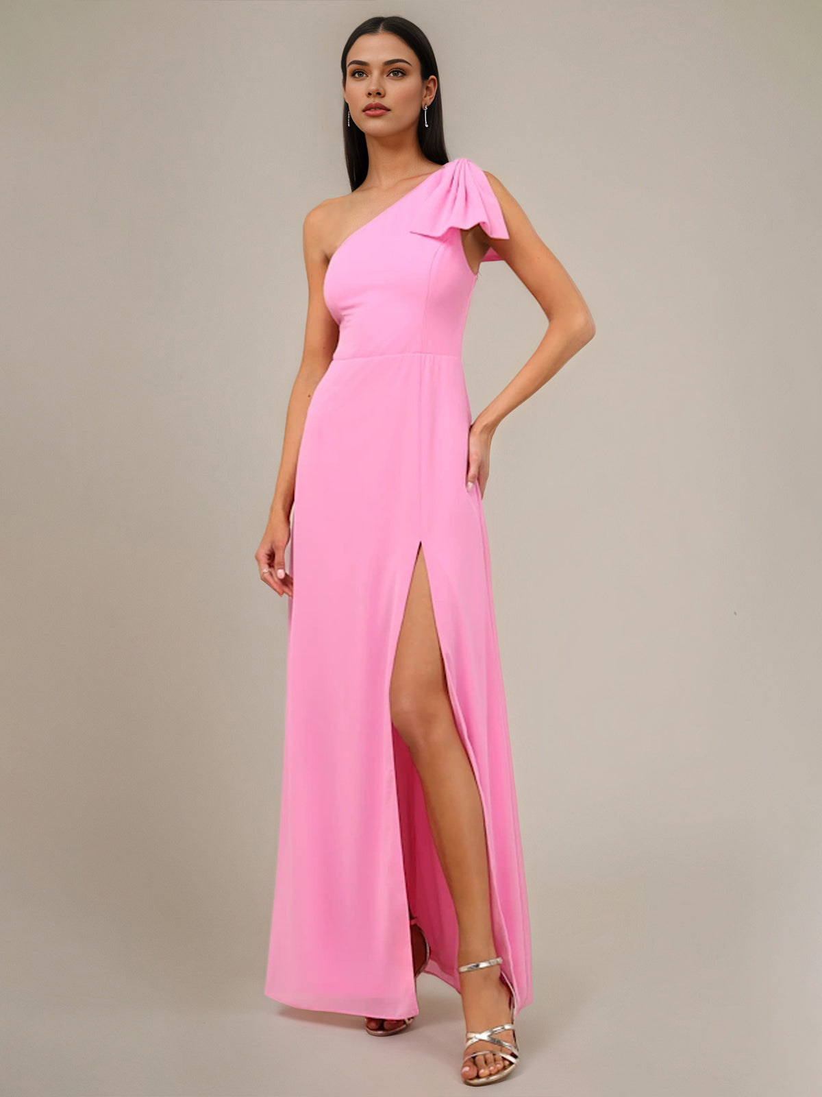 Pink Chiffon Sheath/Column One Shoulder Sleeveless Floor Length Bridesmaid Dress With Bow