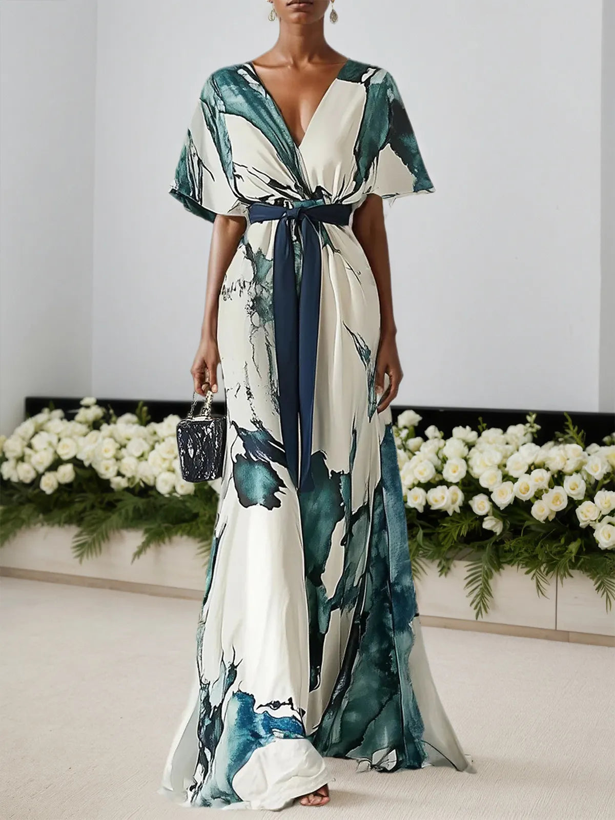 Blue Printing Chiffon V Neck Short Sleeve A-Line Maxi Dress