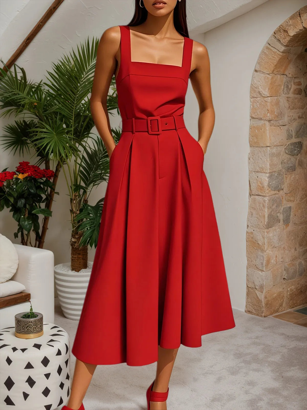 Red Square Neck Sleeveless A-Line Midi Dress