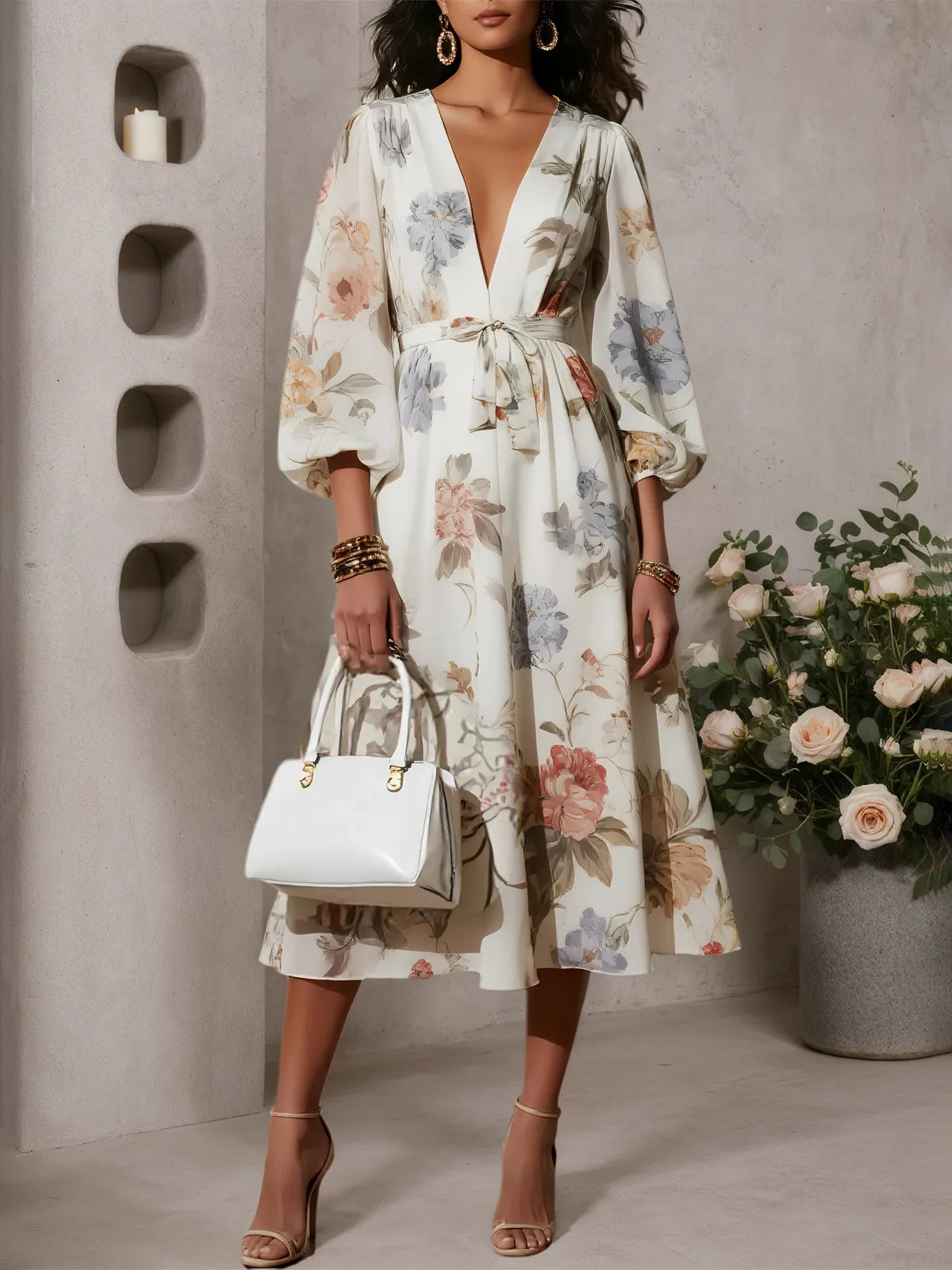 White Floral Chiffon V Neck Long Sleeve Balloon Sleeve A-Line Midi Dress