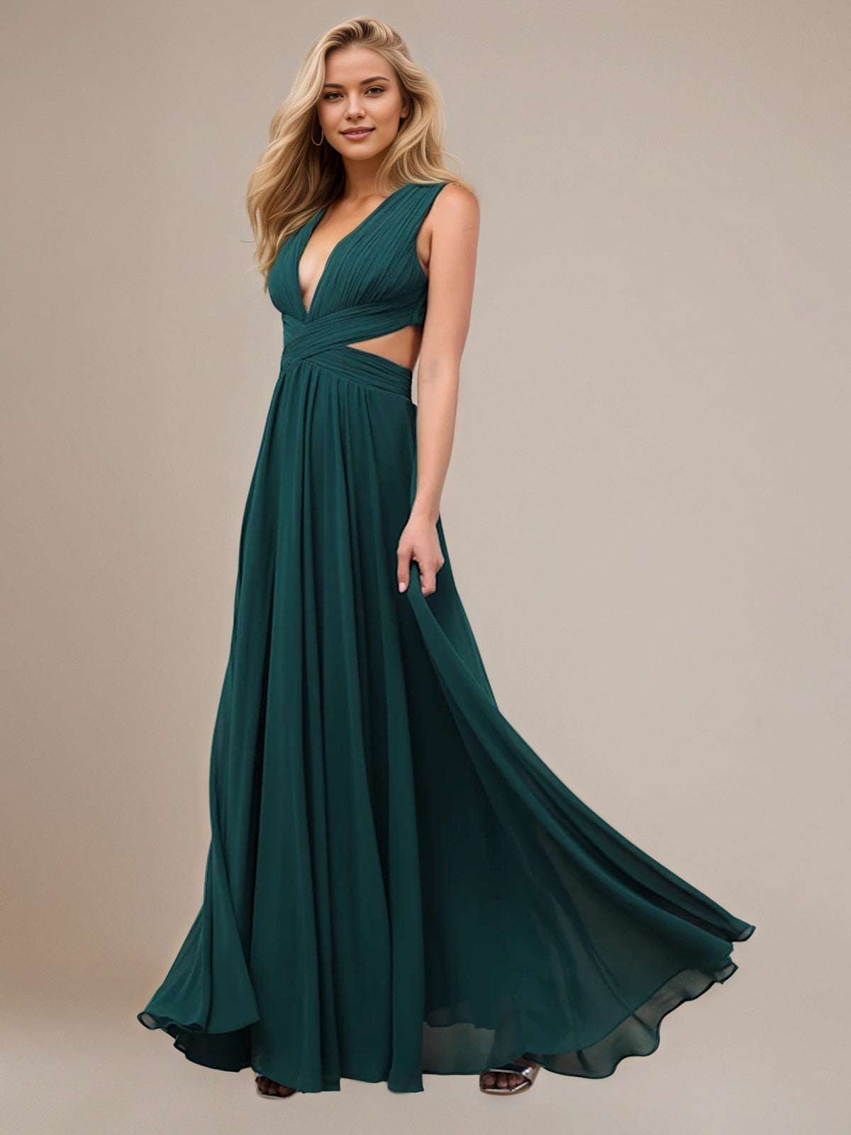 Green A Line Chiffon V Neck Sleeveless Floor Length Dresses