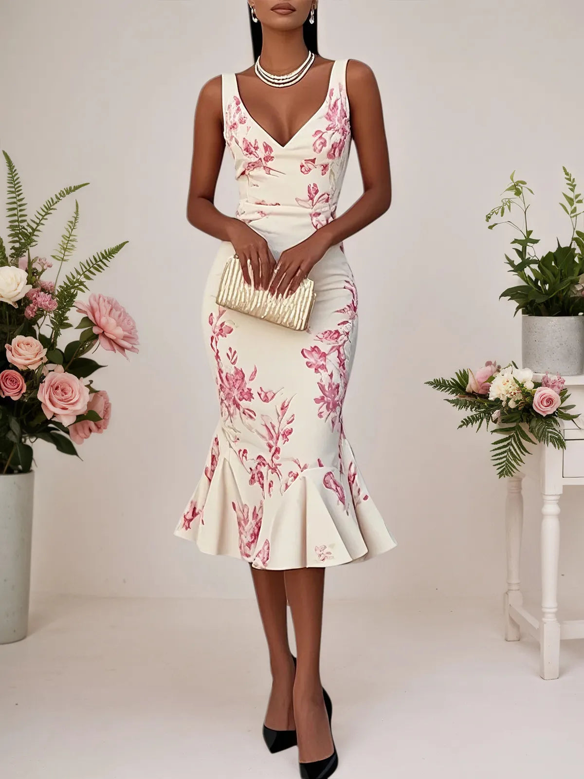 Pink Floral Mermaid Skirt V Neck Sleeveless Mermaid Midi Dress