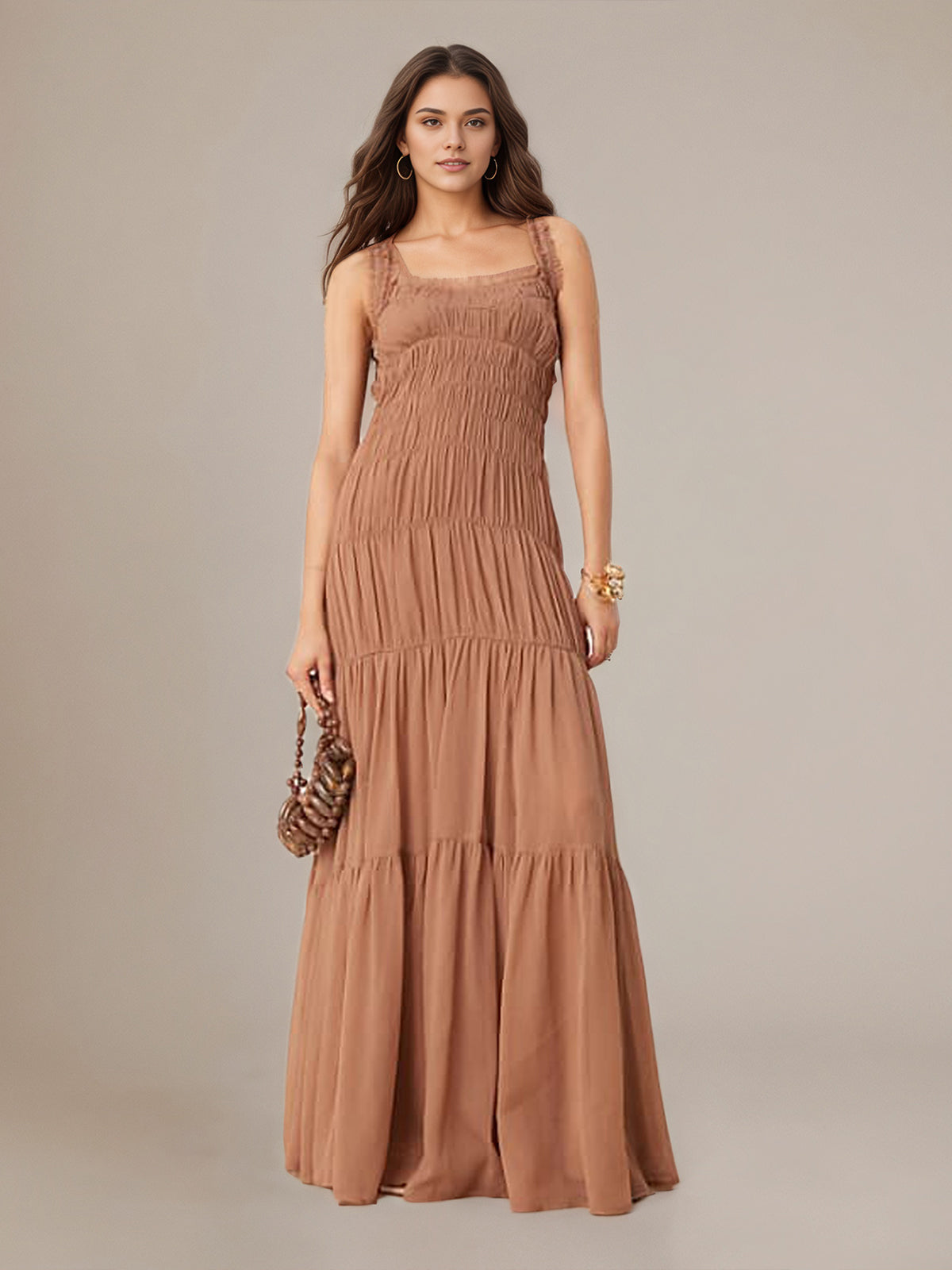 A Line Chiffon Square Neck Sleeveless Floor Length Pleated Dresses